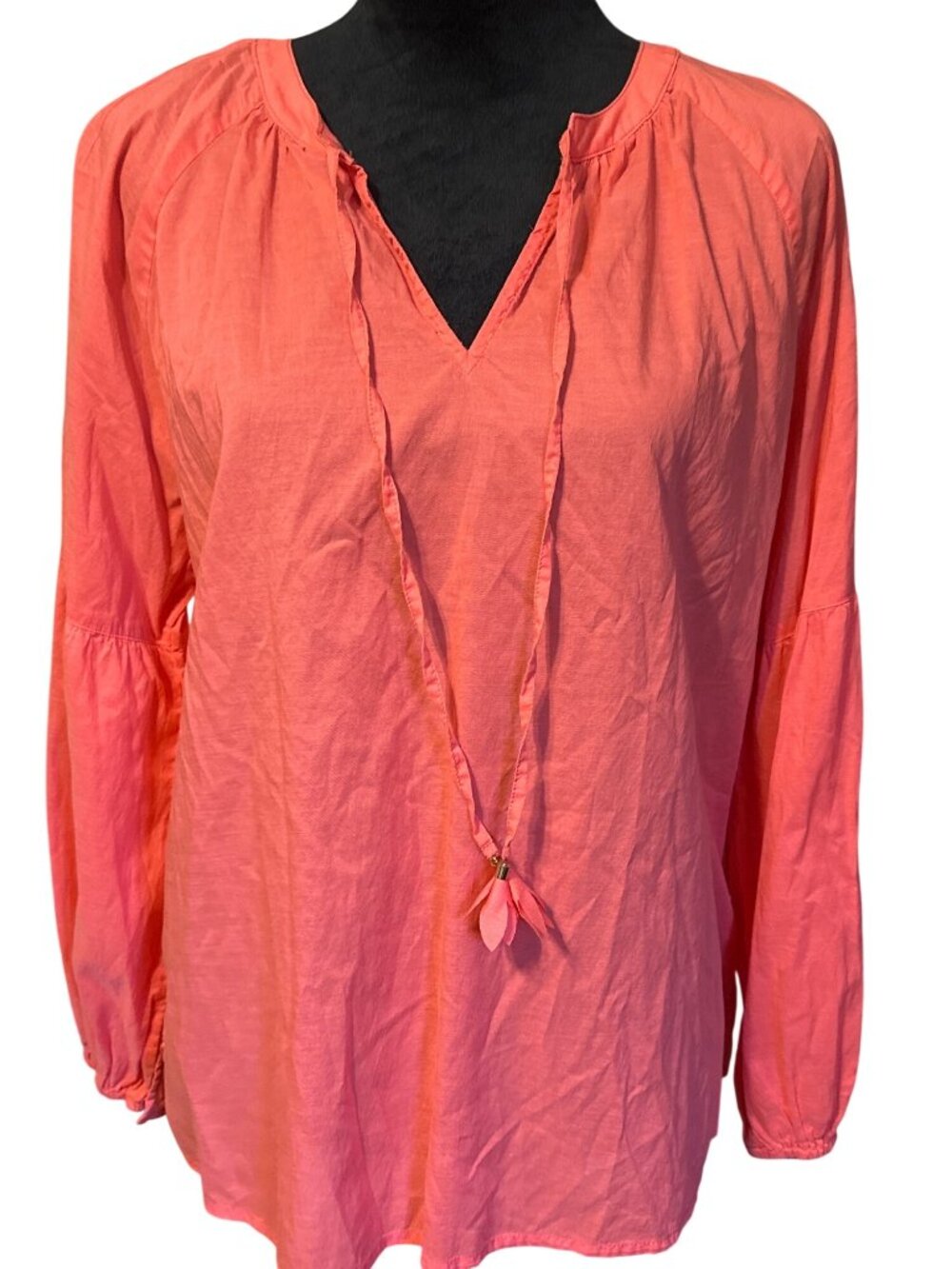 Chicos Coral Long Sleeve V-Neck Blouse With Tassels Size 2 - Picture 1 of 4
